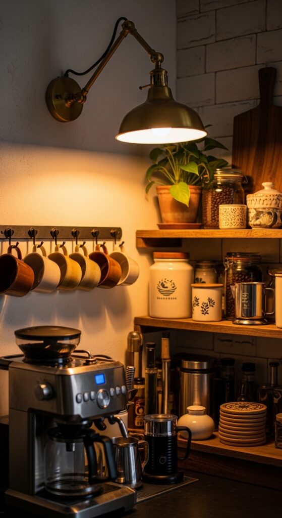 Swing-Arm Wall Lamp Near Coffee Station