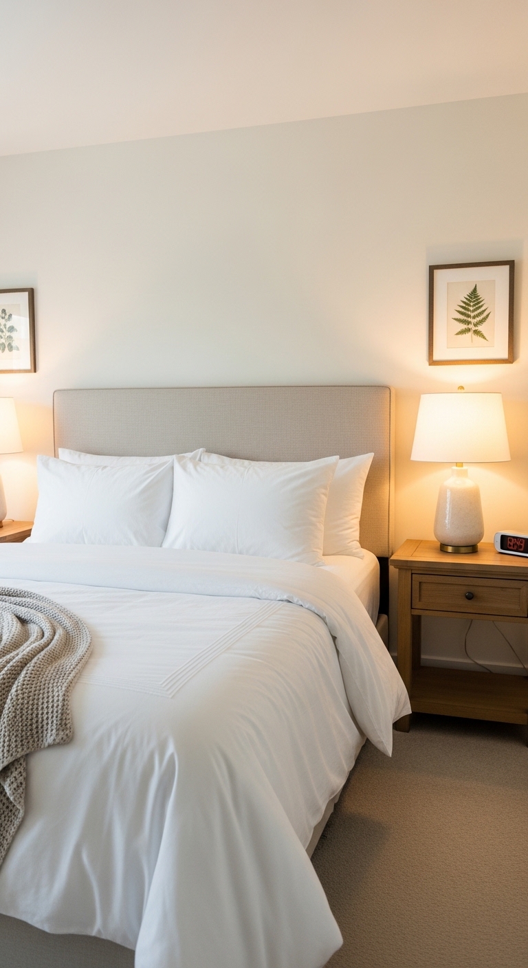 A beautifully decorated guest bedroom with hotel-quality white bedding, layered warm lighting, cozy neutral decor, and thoughtful amenities — perfect guest bedroom ideas to make visitors feel at home.