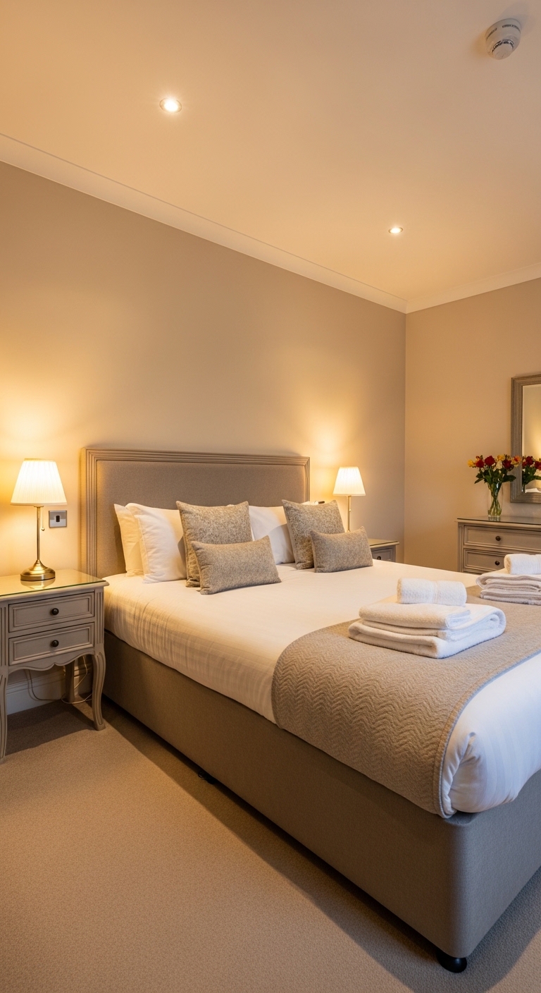 A fully designed and elegantly furnished 14 guest room with a queen bed, warm layered lighting, smart storage solutions, and cozy decor that creates a welcoming and impressive space for every visitor.