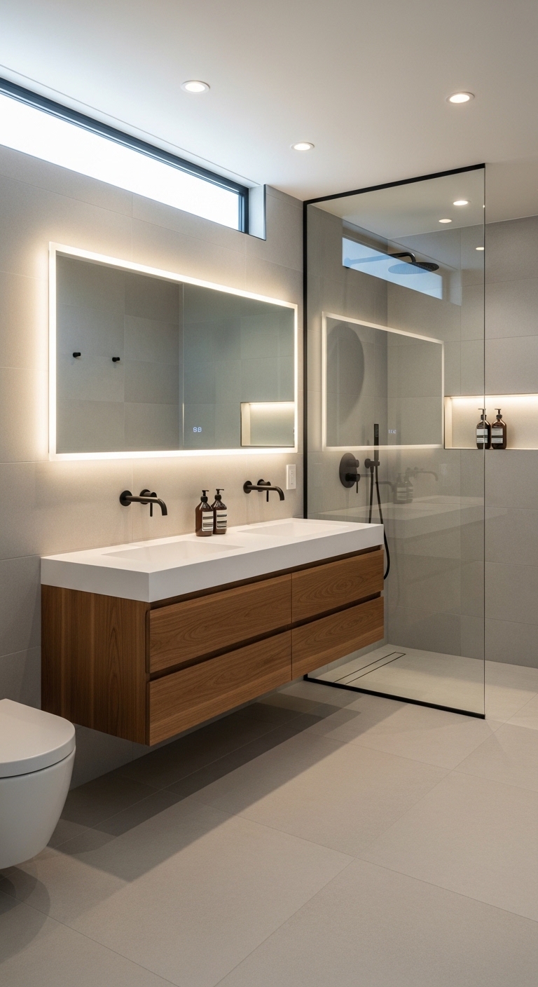 A beautifully designed modern bathroom with floating vanity, backlit mirror, matte black fixtures, large format tiles, and a walk-in shower showcasing the best modern bathroom ideas to transform your space and morning routine.