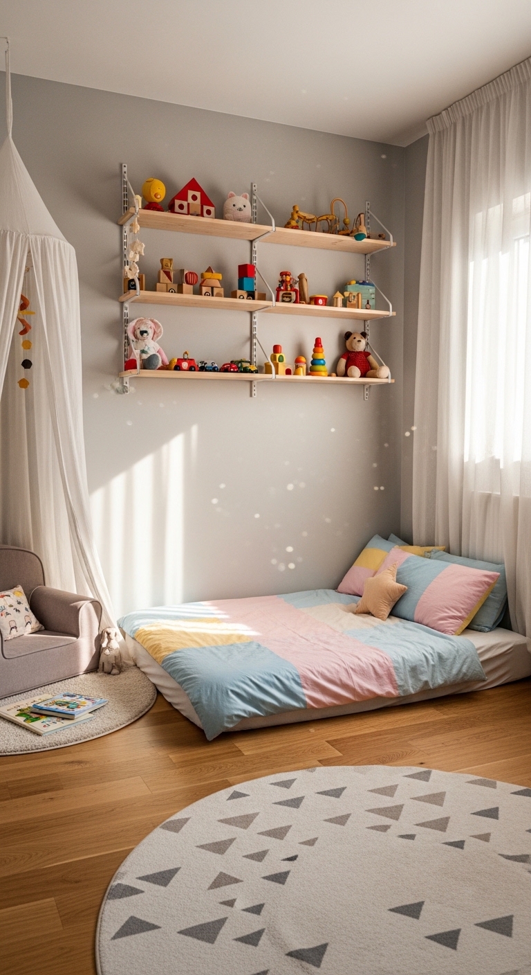 A beautifully decorated toddler room with a low floor bed, open wooden shelves with toys, a cozy reading nook teepee, and warm soft lighting, showcasing toddler room ideas that spark joy, independence, and sweet dreams