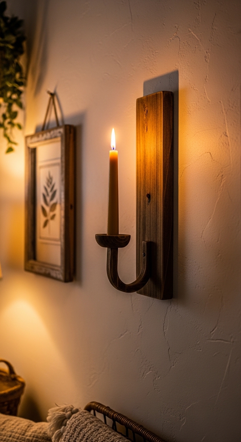 A stunning wall display of decorative candle sconces in various styles including rustic wooden, modern brass, and vintage wrought iron designs, with glowing candle flames casting warm ambient light across a beautifully styled interior wall, showcasing creative candle sconces decor ideas for home transformation.
