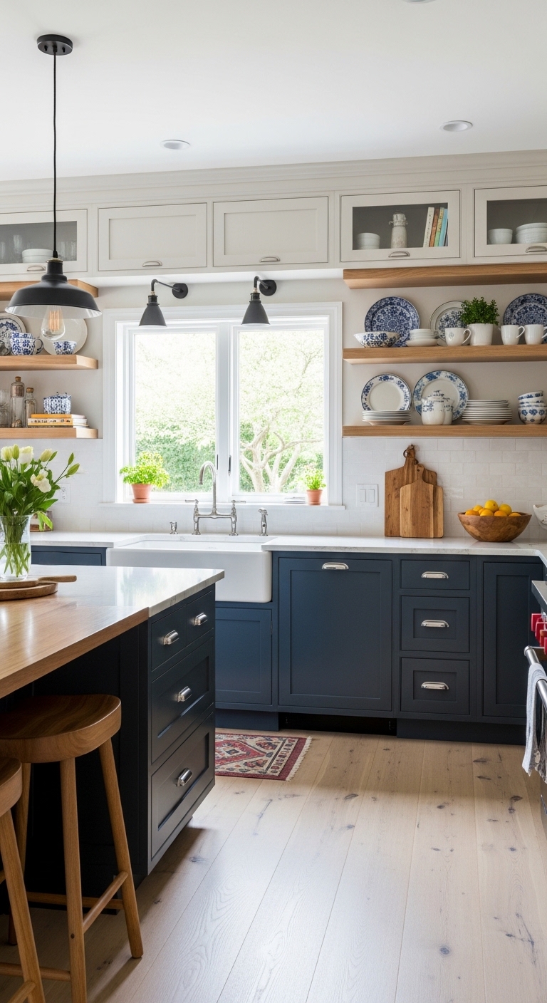 A beautifully styled kitchen showcasing creative kitchen ideas decor including open shelving, two-tone cabinets, pendant lighting, and natural wood accents, designed to inspire an affordable and stylish cooking space transformation