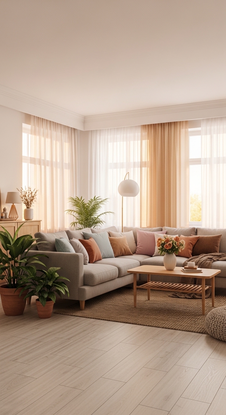 A beautifully styled living room with neutral walls, a plush grey sofa with colorful throw pillows, layered lighting, indoor plants, a wooden coffee table, and warm cozy decor showcasing 25 creative living room decor ideas to transform your space into a sanctuary.