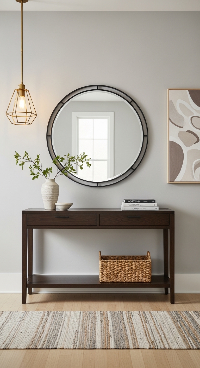 A beautifully decorated modern home entryway with a console table, large wall mirror, warm pendant light, runner rug, and stylish decor accents representing the best entryway decor ideas for a lasting first impression.