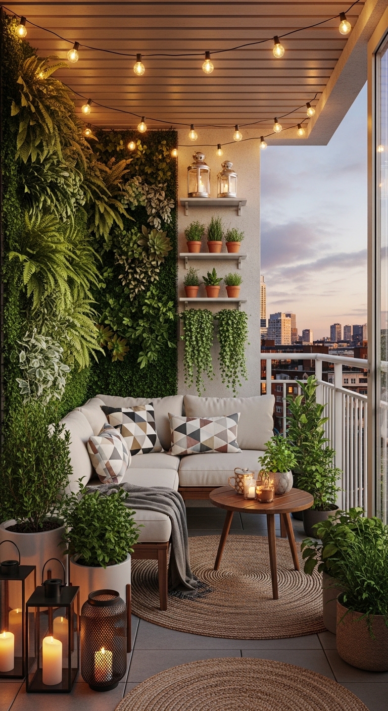 A beautifully transformed modern balcony with cozy outdoor furniture, vertical greenery, warm string lights, and stylish decor showcasing the best modern balcony ideas for small and large outdoor spaces.