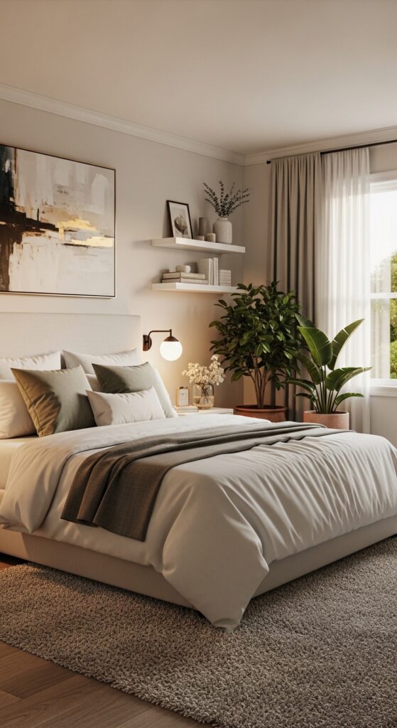 A beautifully decorated bedroom with neutral tones, layered white linen bedding, warm ambient lighting, large wall art above an upholstered headboard, floating shelves with curated decor, and indoor plants creating a serene sanctuary — showcasing 20 bedroom decoration ideas for a calm and stylish space.