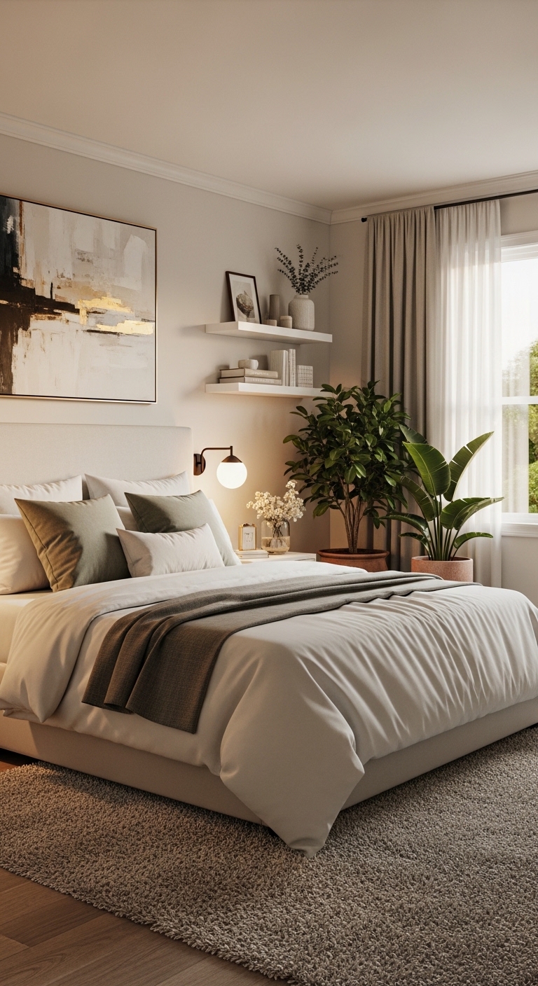 A beautifully decorated bedroom with neutral tones, layered white linen bedding, warm ambient lighting, large wall art above an upholstered headboard, floating shelves with curated decor, and indoor plants creating a serene sanctuary — showcasing 20 bedroom decoration ideas for a calm and stylish space.