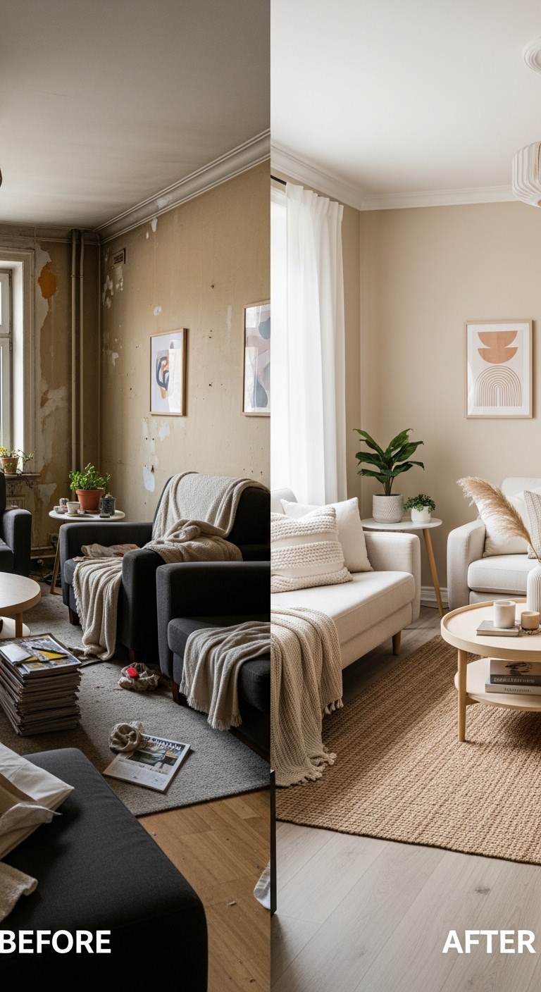 A stunning budget-friendly room makeover transformation showing a living room going from boring and cluttered to beautiful and cozy with smart decor ideas, warm lighting, and affordable styling tips
