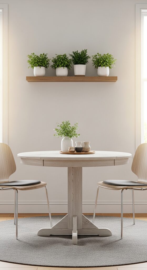 A bright and stylish small dining room with a round wooden table, two modern chairs, floating shelf with greenery, and warm natural light — showcasing budget-friendly small dining room ideas for compact spaces.