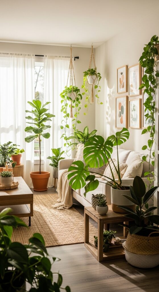 A bright modern living room transformed with indoor plant decor including monstera, pothos, and fiddle leaf fig in stylish pots and hanging planters, with warm natural sunlight and a cozy bohemian atmosphere.