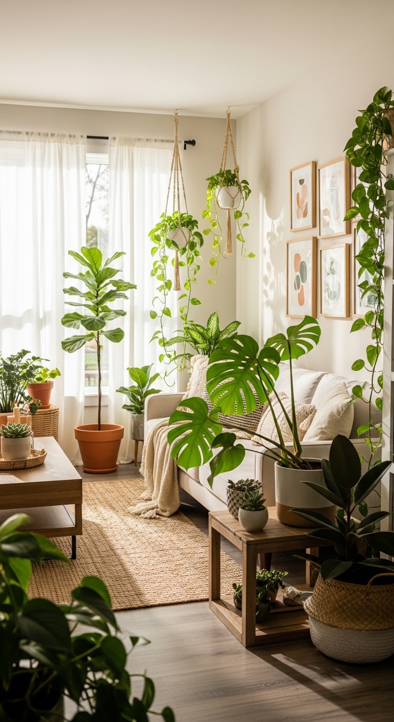 A bright modern living room transformed with indoor plant decor including monstera, pothos, and fiddle leaf fig in stylish pots and hanging planters, with warm natural sunlight and a cozy bohemian atmosphere.