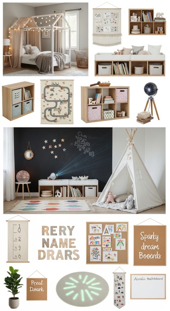 A complete and beautifully styled kids bedroom interior showcasing 23 creative kids room decor ideas including a canopy bed with string lights, colorful area rugs defining play and reading zones, cube storage with fabric bins, a magnetic chalkboard accent wall, low open front-facing bookshelves, a white teepee reading nook, a star projector, personalized wooden name letters, a rotating children's art gallery wall, a growth chart, a cork dream board, a glow-in-the-dark rug, a small real plant, and an acrylic whiteboard, styled as a complete step-by-step guide to sparking joy and imagination in any child's room.