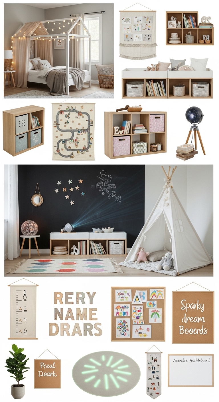 A complete and beautifully styled kids bedroom interior showcasing 23 creative kids room decor ideas including a canopy bed with string lights, colorful area rugs defining play and reading zones, cube storage with fabric bins, a magnetic chalkboard accent wall, low open front-facing bookshelves, a white teepee reading nook, a star projector, personalized wooden name letters, a rotating children's art gallery wall, a growth chart, a cork dream board, a glow-in-the-dark rug, a small real plant, and an acrylic whiteboard, styled as a complete step-by-step guide to sparking joy and imagination in any child's room.