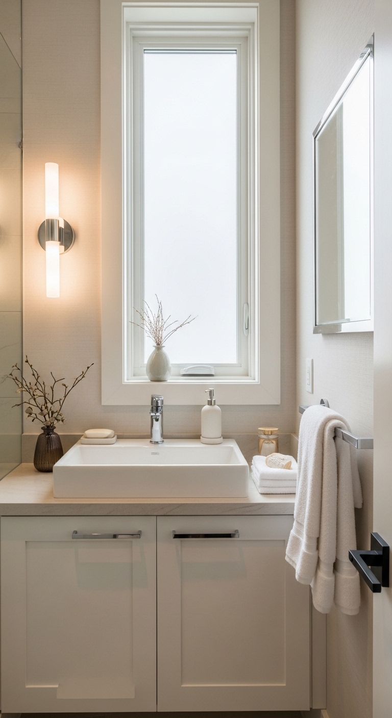 23 tiny bathroom ideas showing a beautifully transformed small bathroom with floating vanity, large mirror, and smart storage solutions