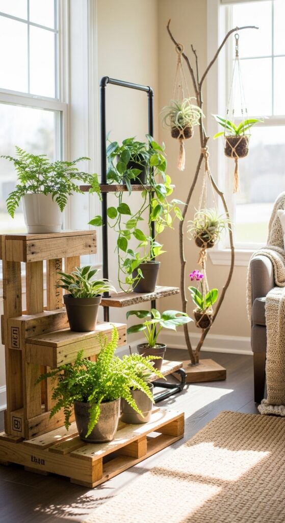 A collection of handmade DIY plant stands made from wood, copper pipes, and upcycled materials displayed in a bright home interior with lush green houseplants at varying heights, showcasing easy budget-friendly DIY plant stand projects