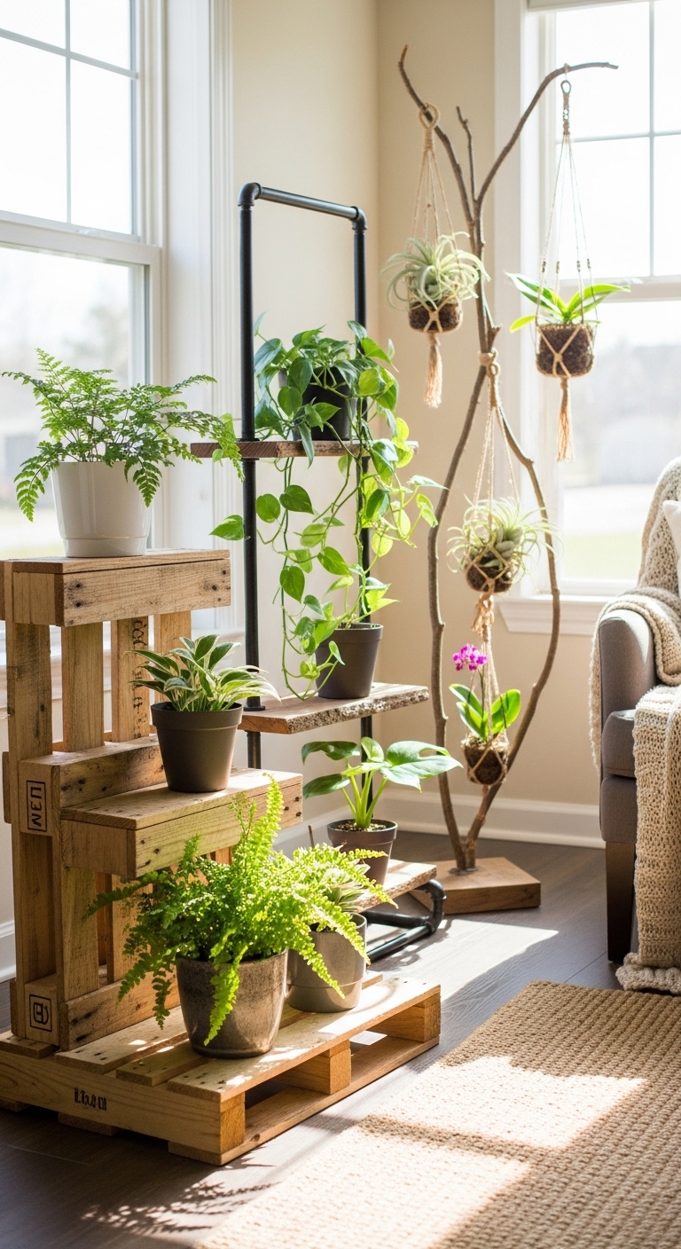 A collection of handmade DIY plant stands made from wood, copper pipes, and upcycled materials displayed in a bright home interior with lush green houseplants at varying heights, showcasing easy budget-friendly DIY plant stand projects