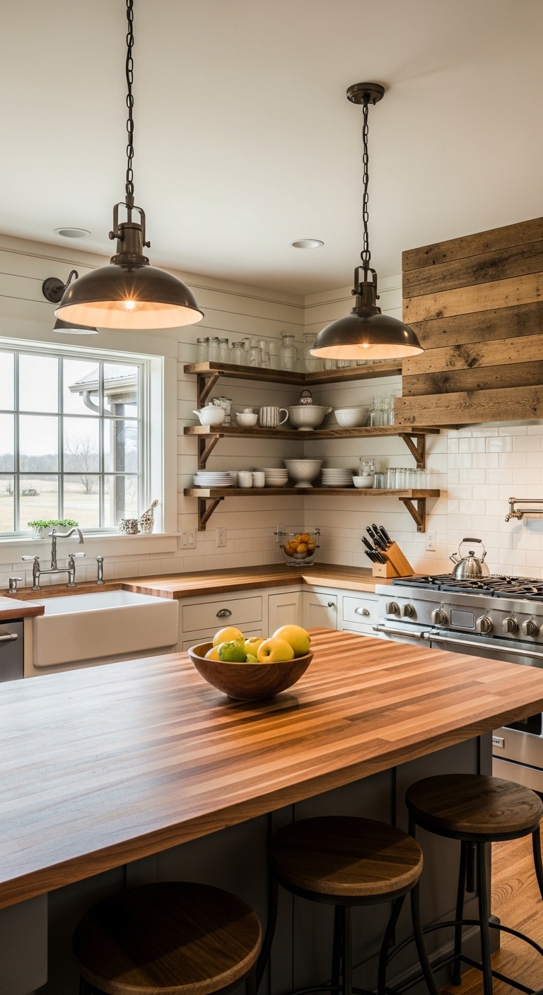 A fully transformed farmhouse kitchen featuring shiplap walls, an apron-front sink, open wooden shelving, pendant lighting, and butcher block countertops, showcasing the best farmhouse kitchen ideas that blend rustic charm with modern function.