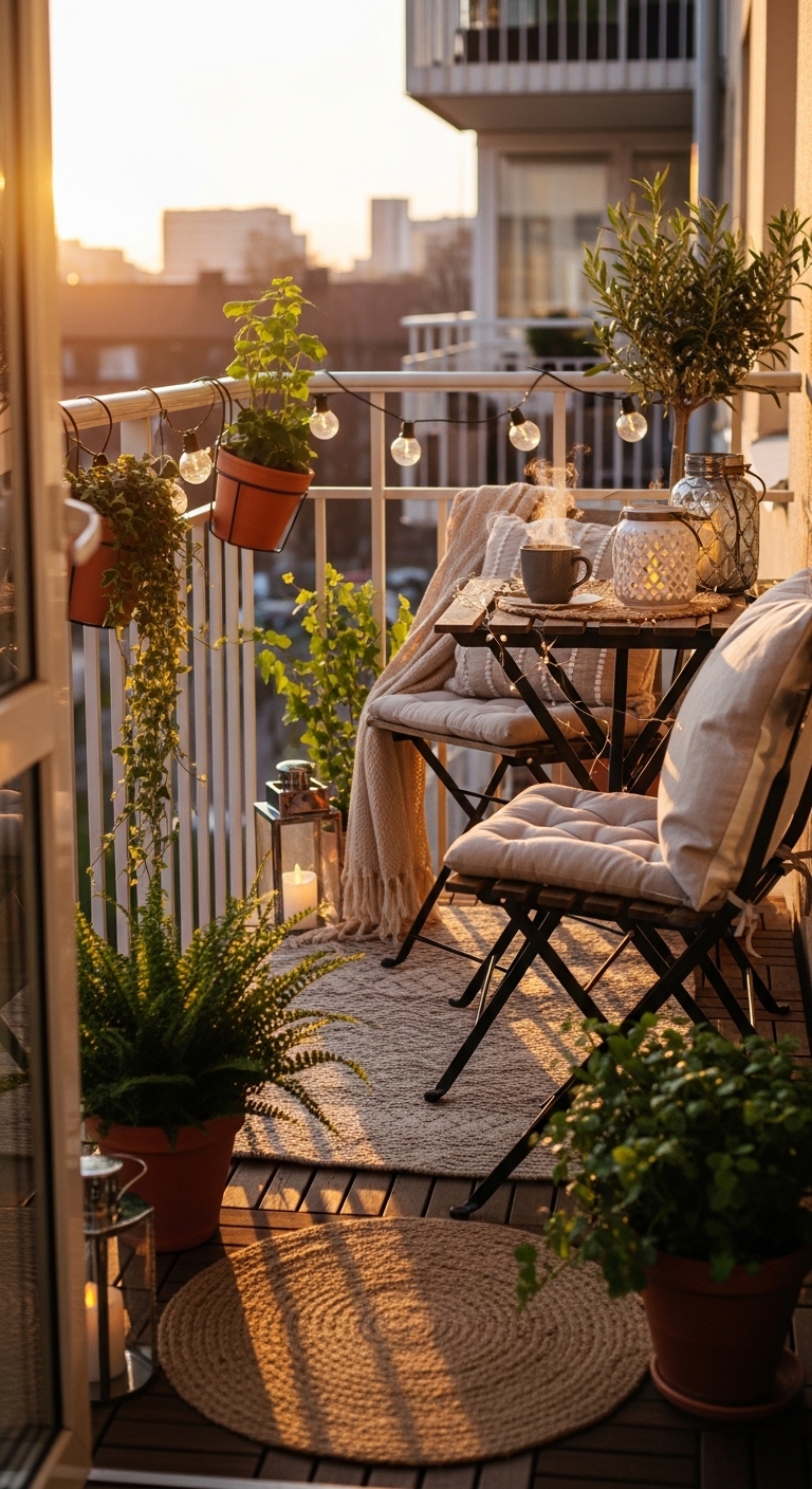 A small apartment balcony transformed into a cozy outdoor retreat with fairy string lights, plush neutral cushions, potted green plants, and a warm bistro table setup at golden hour — cozy balcony aesthetic for tiny spaces.