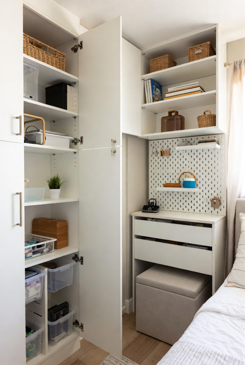 A bright and beautifully organized modern home interior showcasing 25 affordable and creative storage ideas including cabinet dividers, floating shelves, storage ottomans, under-bed drawers, and pegboard walls in neutral tones with natural lighting.