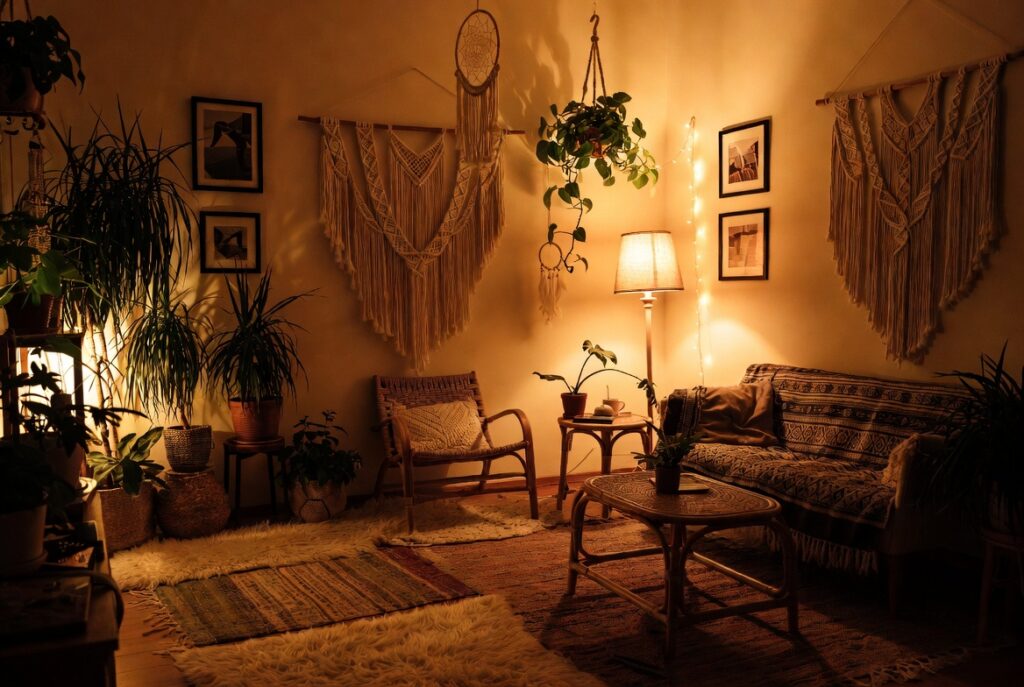Cozy bohemian living room decor with layered rugs, macrame wall hanging, rattan furniture, indoor plants, and warm golden lighting showcasing 20 boho living room decor ideas for a free-spirited sanctuary