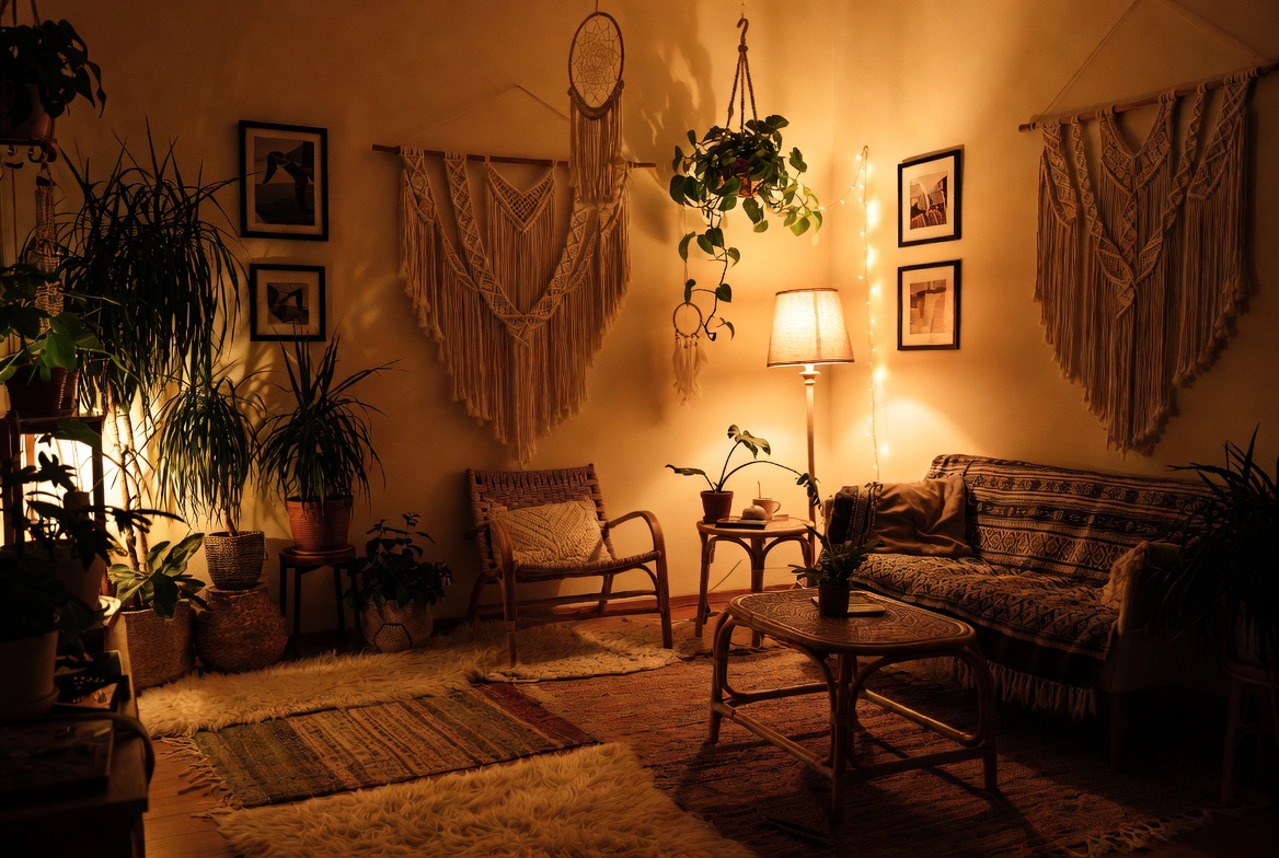 Cozy bohemian living room decor with layered rugs, macrame wall hanging, rattan furniture, indoor plants, and warm golden lighting showcasing 20 boho living room decor ideas for a free-spirited sanctuary