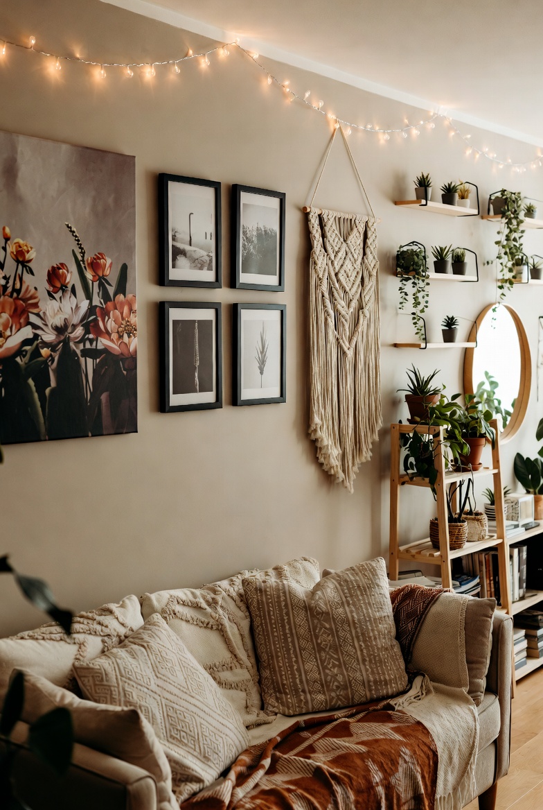 A bright and inviting living room showcasing 23 aesthetic wall decor ideas including canvas art, gallery frames, macrame hangings, and floating shelves styled with plants and warm lighting for a complete wall transformation