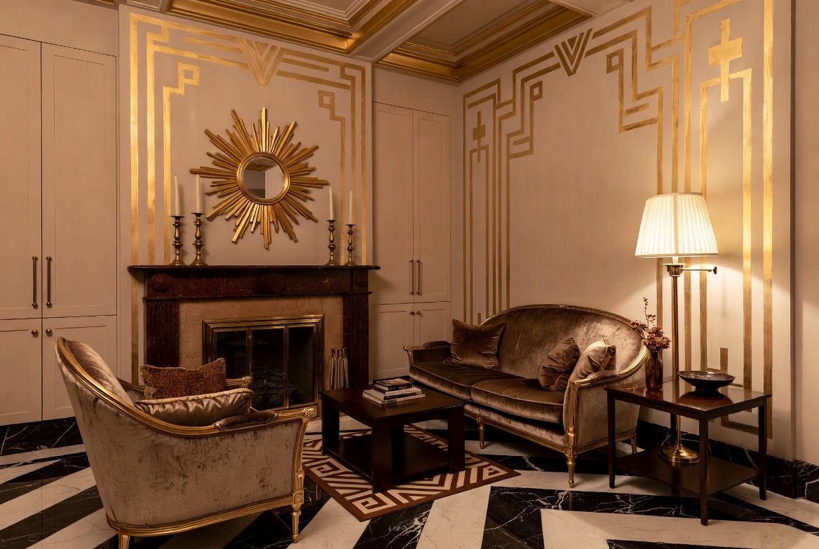 Art Deco living room designs showcasing gold geometric patterns, velvet furniture, sunburst mirror, brass accents, and chevron marble floors in a glamorous retro interior style