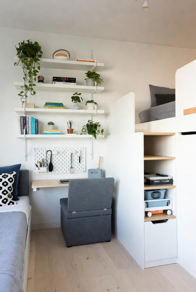 A well-organized modern small apartment interior showcasing 21 creative storage ideas for small spaces including floating shelves, storage ottomans, under-bed drawers, and wall-mounted organizers to eliminate clutter and maximize every inch of living space.