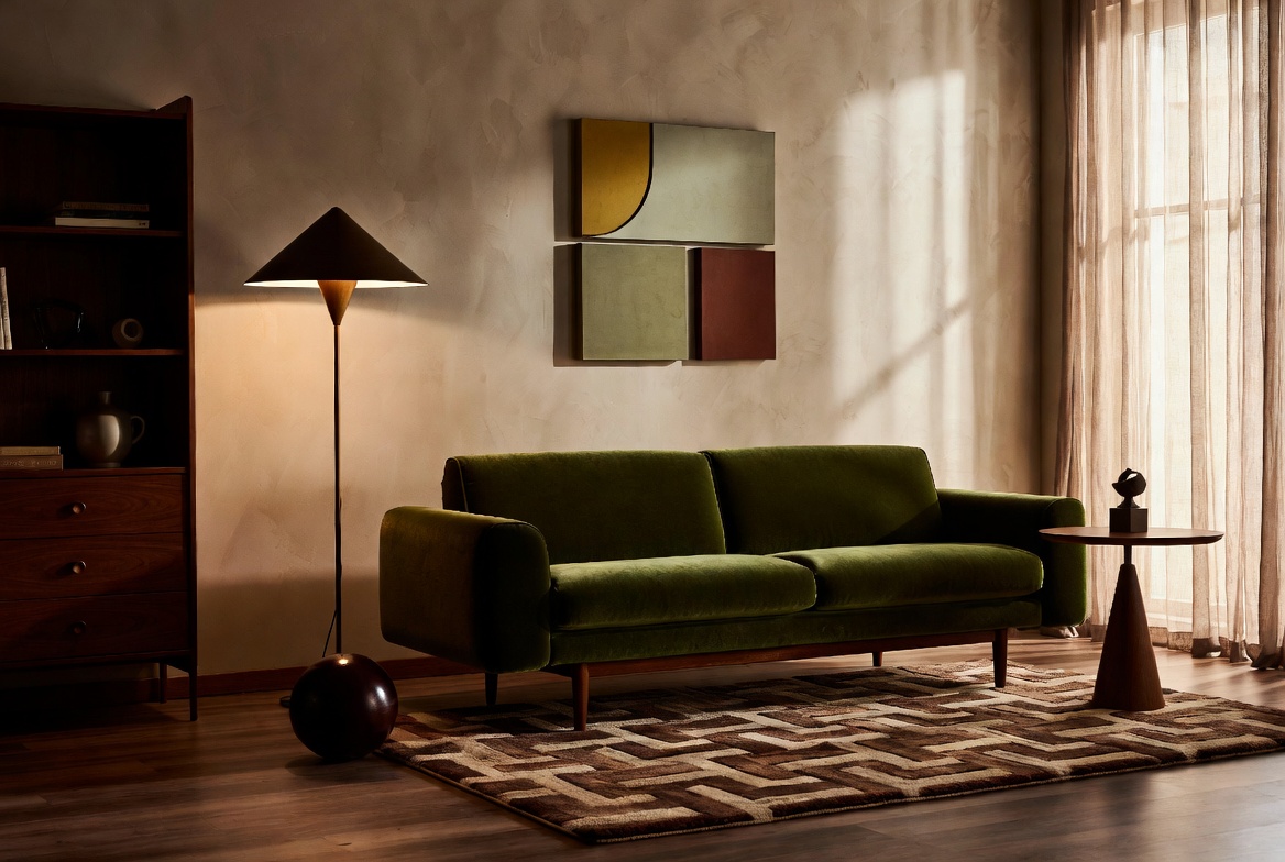 Mid century modern living room with walnut furniture, statement green velvet sofa, atomic age accessories, geometric rug, sculptural floor lamp and abstract wall art in warm earth tones
