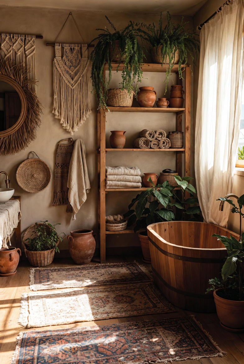 A beautifully styled boho bathroom decor with warm earthy tones, natural rattan and wood textures, macrame wall art, layered vintage rugs, open wooden shelving with linen towels, and lush hanging plants creating a free-spirited bohemian sanctuary atmosphere.