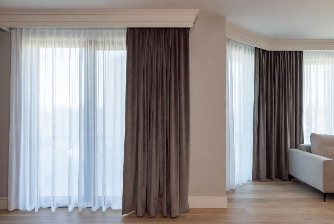 A stylish modern living room showcasing elegant curtain ideas including sheer panels, velvet drapes, and layered window treatments in neutral and bold tones, representing the best curtain ideas for living room décor and interior design inspiration.