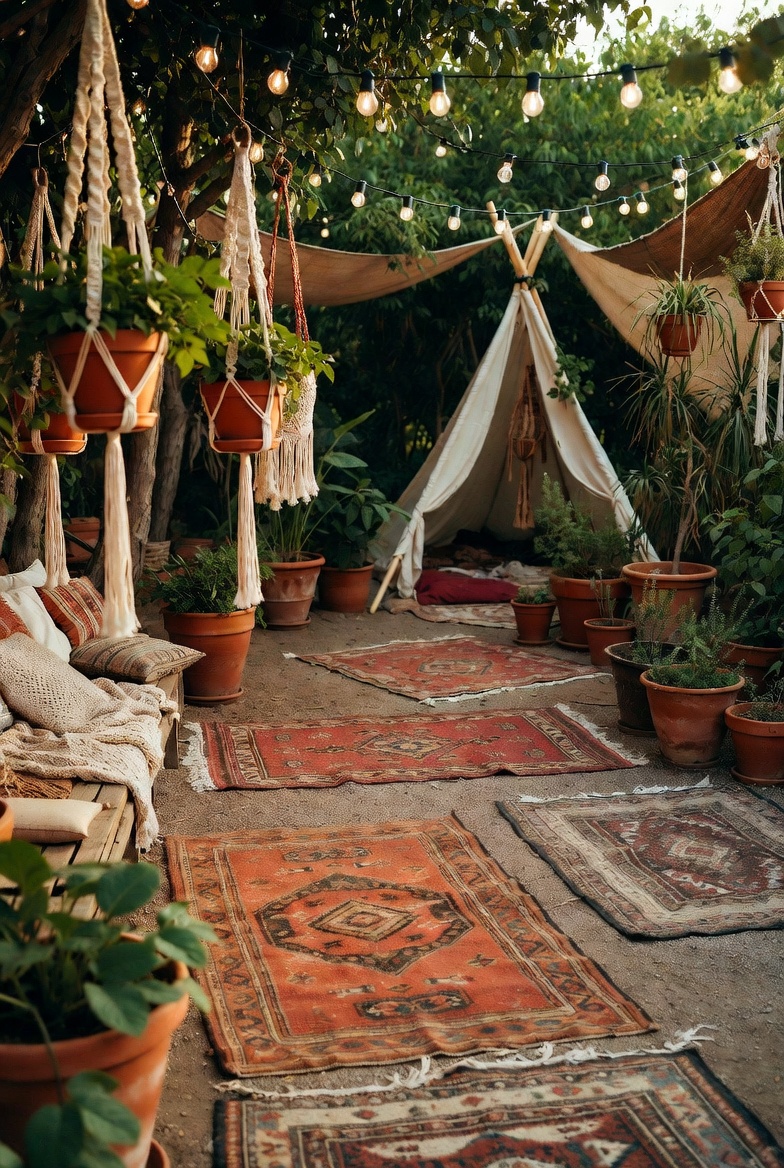 A beautifully styled hippie garden with vintage rugs, macrame plant hangers, fairy lights, teepee tent, terracotta pots, and lush boho decor creating a free-spirited outdoor sanctuary