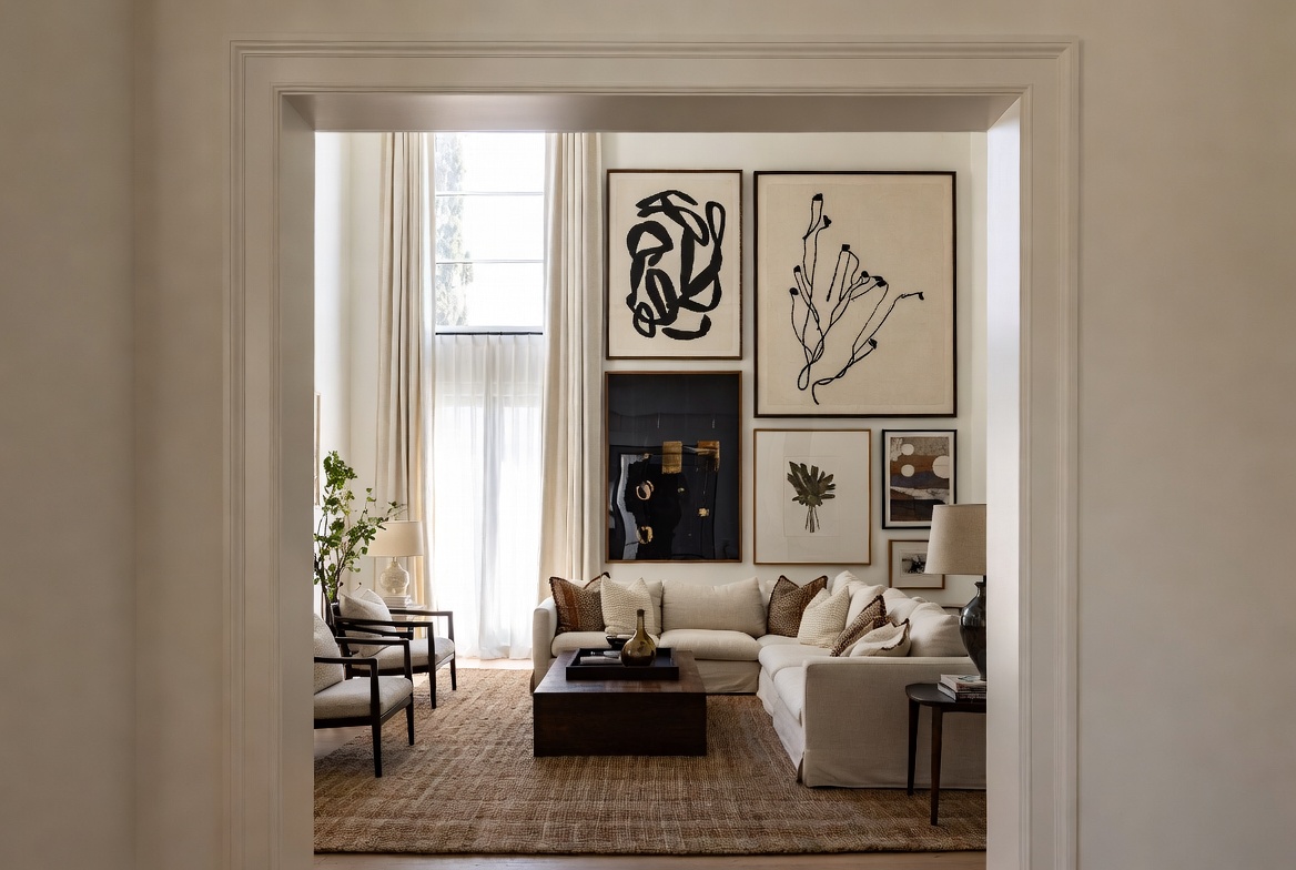 : A beautifully decorated high ceiling living room featuring floor-to-ceiling curtains, a vertical gallery wall, oversized pendant lighting, large area rug, and tall indoor plants styled together to maximize vertical space — high ceiling living room ideas