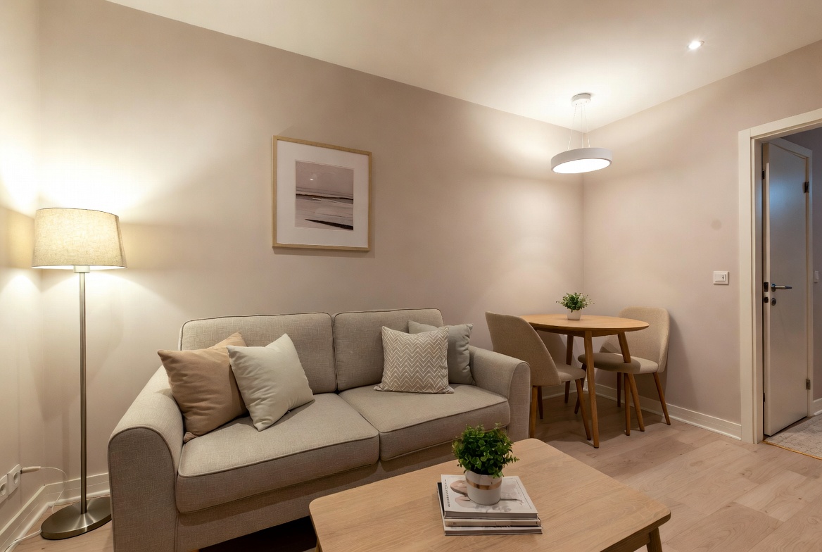 A beautifully designed small living room dining room combo featuring a centered sofa divider, warm neutral tones, and smart space-saving furniture arrangement transforming a compact apartment into a stylish and functional living space