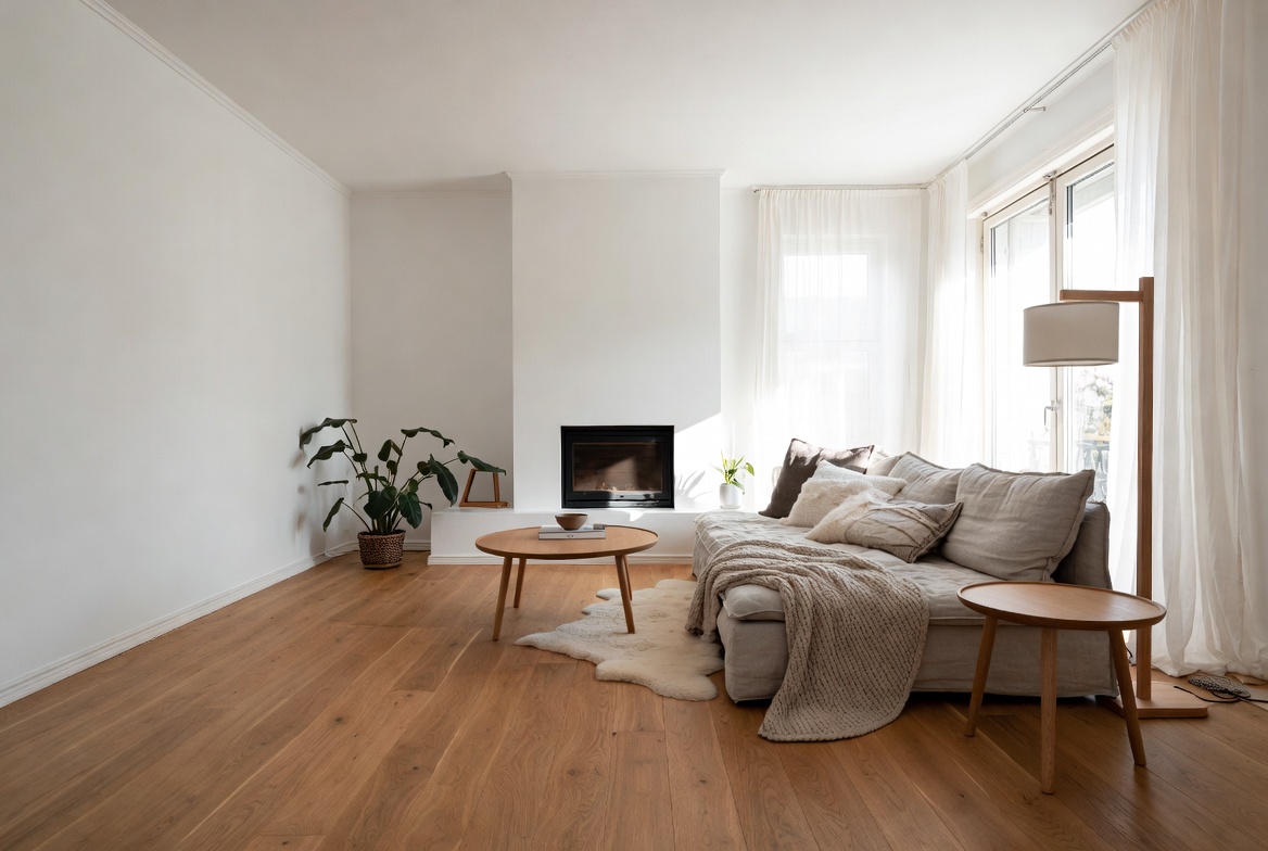A serene Scandinavian living room design featuring white walls, warm oak hardwood floors, a low-profile linen sofa, round wooden coffee table, cozy hygge layered textiles, and a minimalist fireplace focal point flooded with soft Nordic natural light — showcasing 13 Scandinavian living room design ideas for achieving Nordic calm.