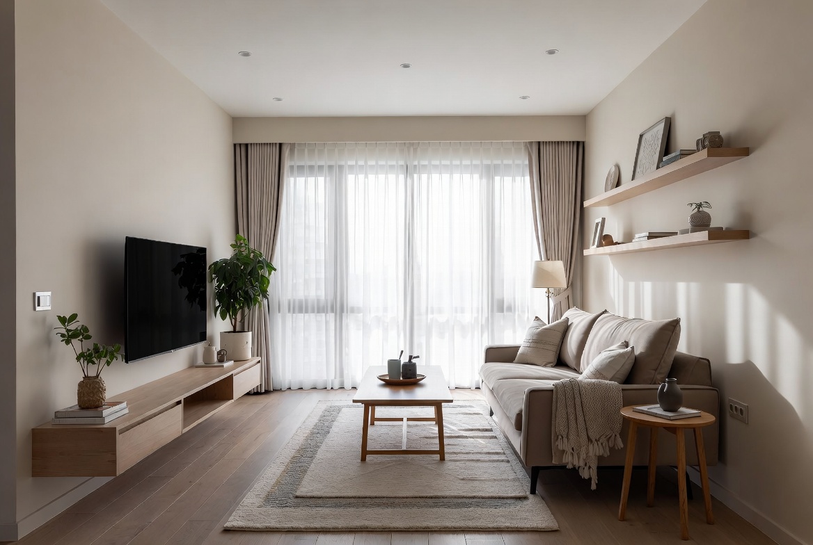 A professionally designed small living room layout showcasing smart furniture arrangement and space-saving interior design ideas