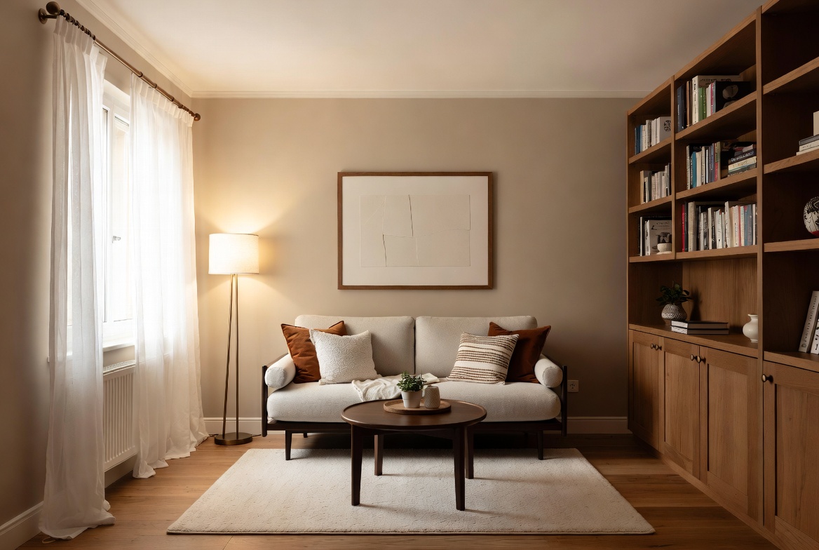 A beautifully designed small living room showcasing smart furniture arrangement and space-saving decor ideas to transform a tiny space on a budget, featuring warm neutral tones, floating furniture layout, and modern minimalist style