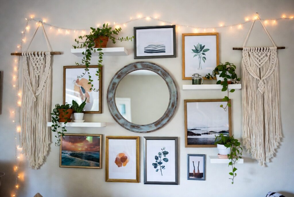 A beautifully styled modern living room wall showcasing affordable wall decor ideas including framed canvas prints, a sunburst mirror, macrame wall hanging, floating shelves with plants, and string lights creating a warm and creative home interior display.