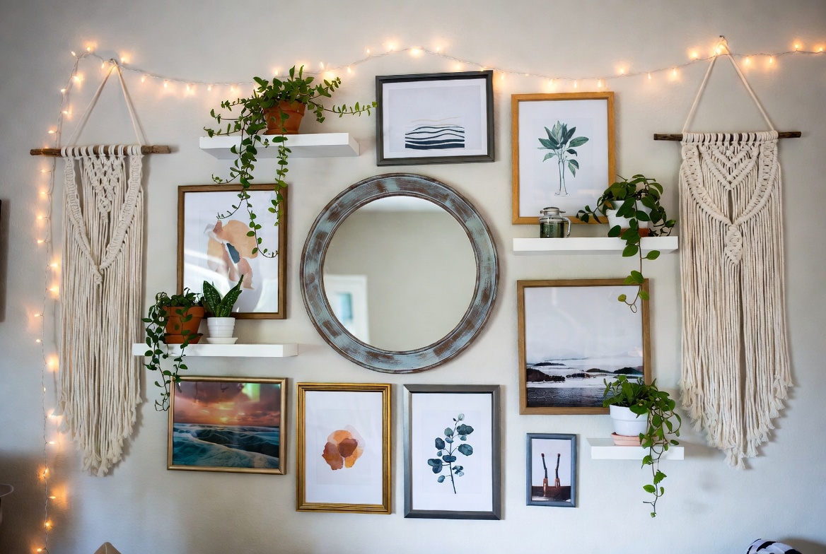 A beautifully styled modern living room wall showcasing affordable wall decor ideas including framed canvas prints, a sunburst mirror, macrame wall hanging, floating shelves with plants, and string lights creating a warm and creative home interior display.