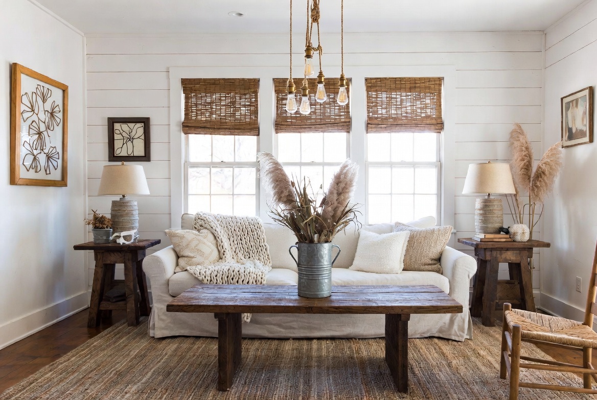 A cozy farmhouse living room featuring shiplap walls, a linen slipcovered sofa with chunky knit throw, reclaimed wood coffee table, large jute rug, galvanized metal vase with pampas grass, woven wood blinds, and layered warm Edison bulb lighting — illustrating farmhouse living room decor ideas for a warm and inviting homestead aesthetic.