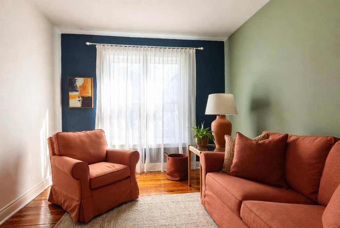A beautifully styled living room showcasing the best living room color ideas including warm white, sage green, navy blue, and terracotta walls with modern furniture and natural lighting to transform your space