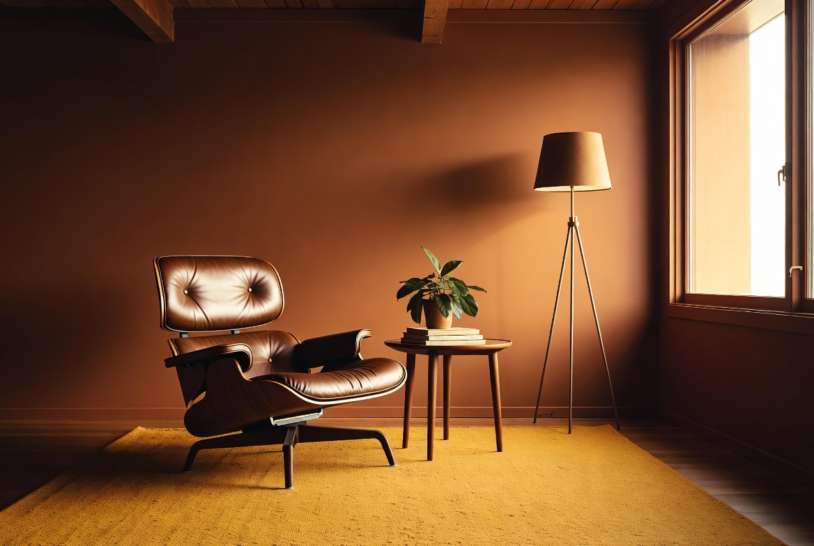 Mid century modern living room with walnut furniture, Eames lounge chair, tapered legs, mustard wool rug, and warm golden light — timeless interior design style guide