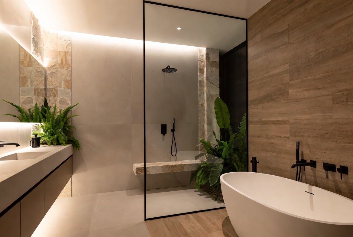 Modern luxury bathroom designs showcasing floating vanity, freestanding soaking tub, large-format marble tiles, matte black fixtures, frameless glass shower, and natural stone accents in a spa-like sanctuary setting