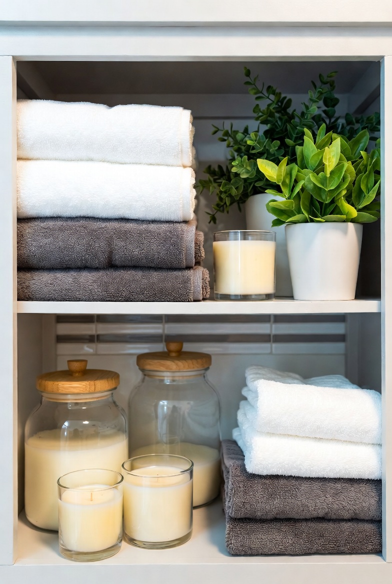 A beautifully decorated bathroom shelf displaying towels, green plants, apothecary jars, and candles styled together in a clean modern bathroom, representing 12 bathroom shelf decor ideas that instantly transform your space.
