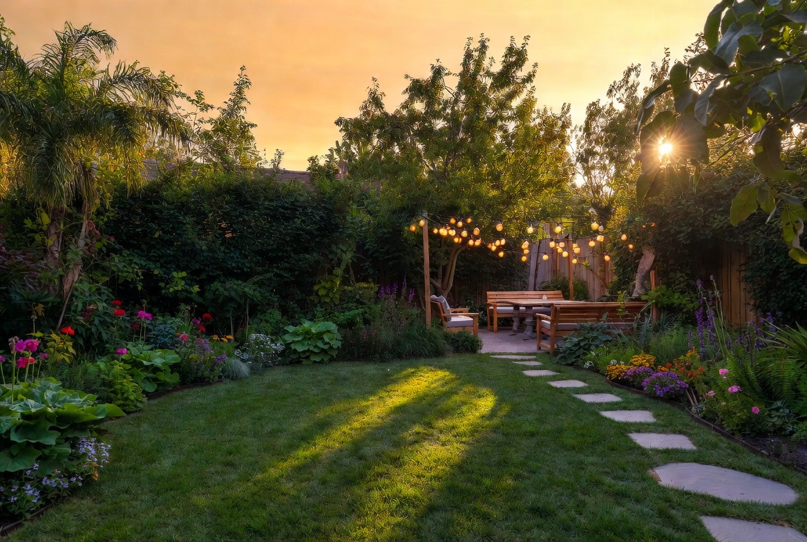 A beautifully transformed backyard outdoor garden sanctuary at golden hour featuring lush green plants colorful flowers stone pathways cozy seating area and warm string lights showcasing 20 creative outdoor garden ideas for homeowners