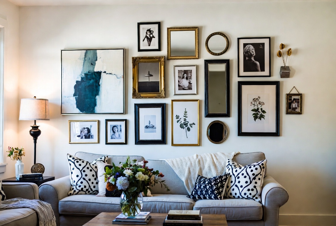 A beautifully decorated living room gallery wall featuring an eclectic mix of framed artwork, family photos, botanical prints and decorative mirrors arranged creatively on a white wall above a cozy sofa, showcasing the best gallery wall ideas living room transformation for modern homes.