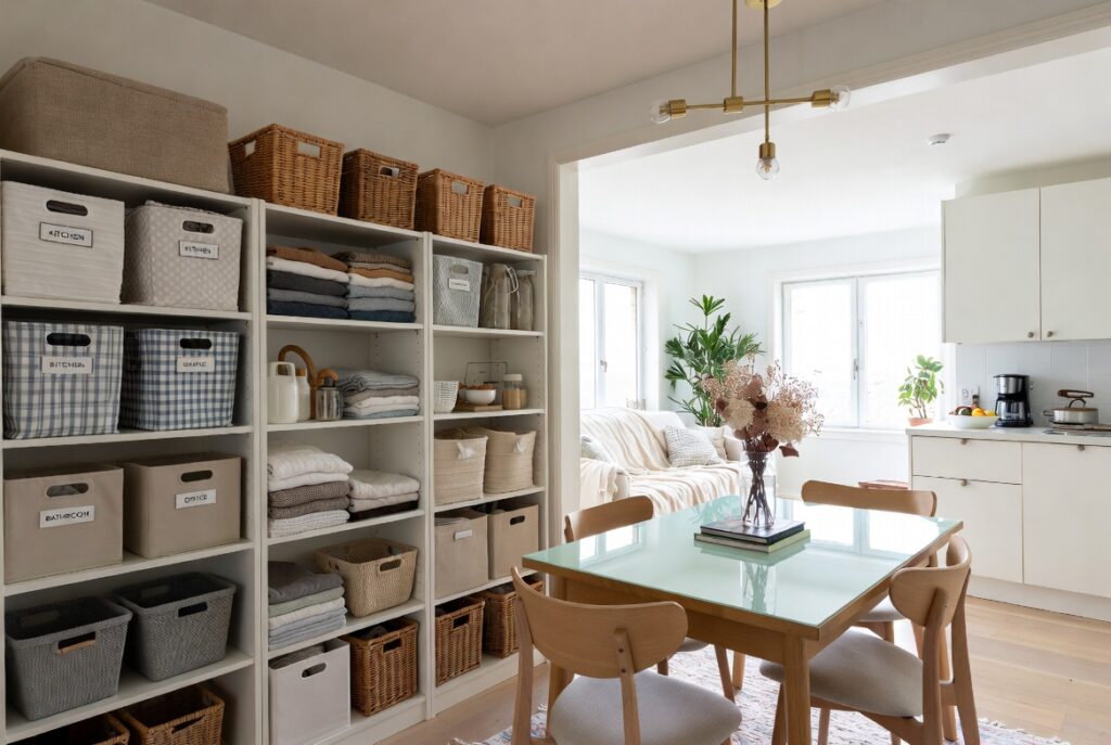 A beautifully organized clutter-free home interior with labeled storage bins, neat shelves, and warm natural lighting representing 23 home organization ideas.