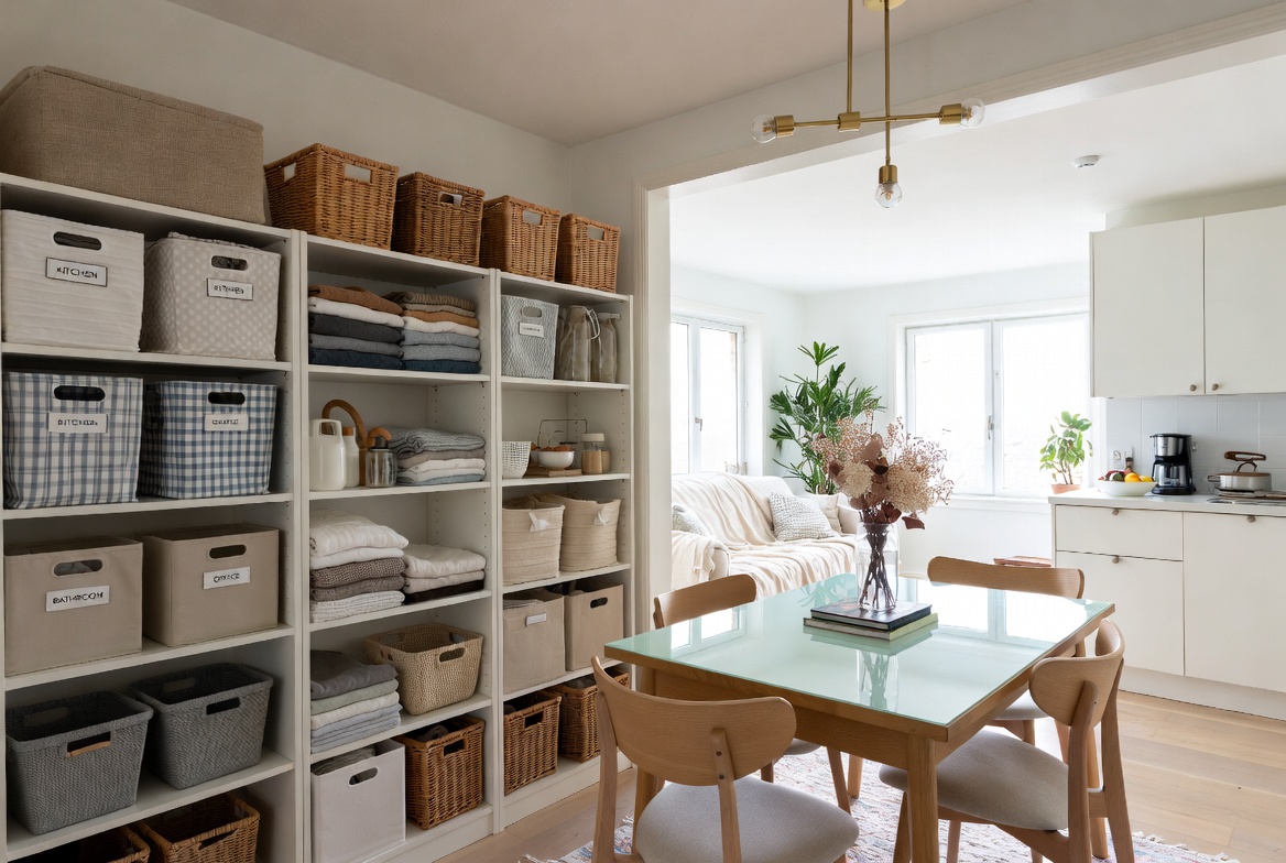 A beautifully organized clutter-free home interior with labeled storage bins, neat shelves, and warm natural lighting representing 23 home organization ideas.