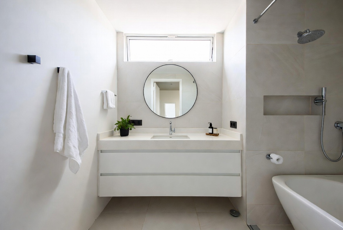 A clean and modern minimalist bathroom design showcasing white walls, floating vanity, natural light, and clutter-free space representing the best minimalist bathroom designs for a calm and functional morning routine.
